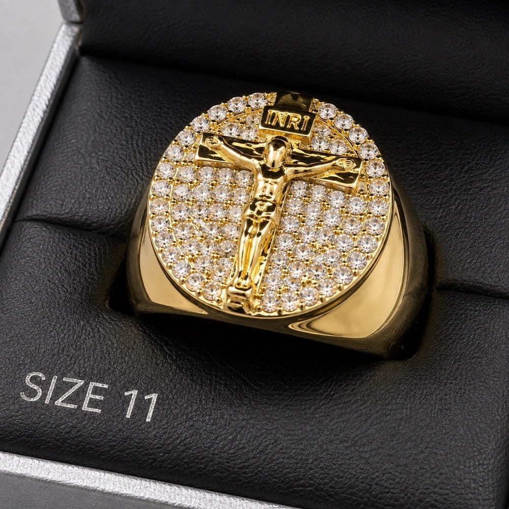 E0068-American Exchange Men's Crucifix Cross Ring Size 11 Gold Tone Rhinestone